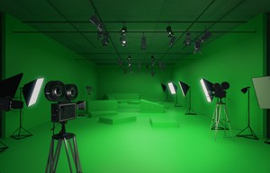 Modern green photo studio with old style movie cameras and professional lighting equipment. Front view, 3D Rendering